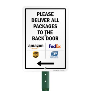 SmartSign 10 x 7 inch “Please Deliver All Packages To The Back Door” Left Arrow Yard Sign, 40 mil Laminated Rustproof Aluminum, 21.5 inch Tall Sign & Stake Kit, Multicolor, Made in USA