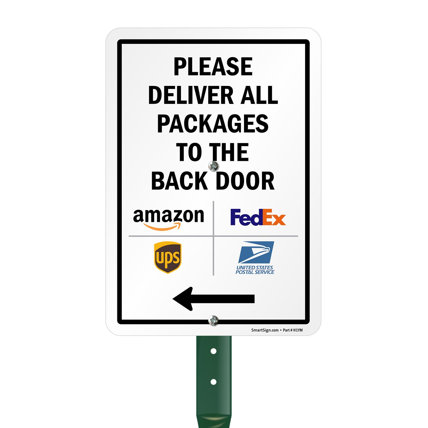 SmartSign 10 x 7 inch “Please Deliver All Packages To The Back Door” Left Arrow Yard Sign, 40 mil Laminated Rustproof Aluminum, 21.5 inch Tall Sign & Stake Kit, Multicolor, Made in USA