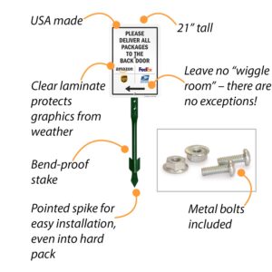 SmartSign 10 x 7 inch “Please Deliver All Packages To The Back Door” Left Arrow Yard Sign, 40 mil Laminated Rustproof Aluminum, 21.5 inch Tall Sign & Stake Kit, Multicolor, Made in USA