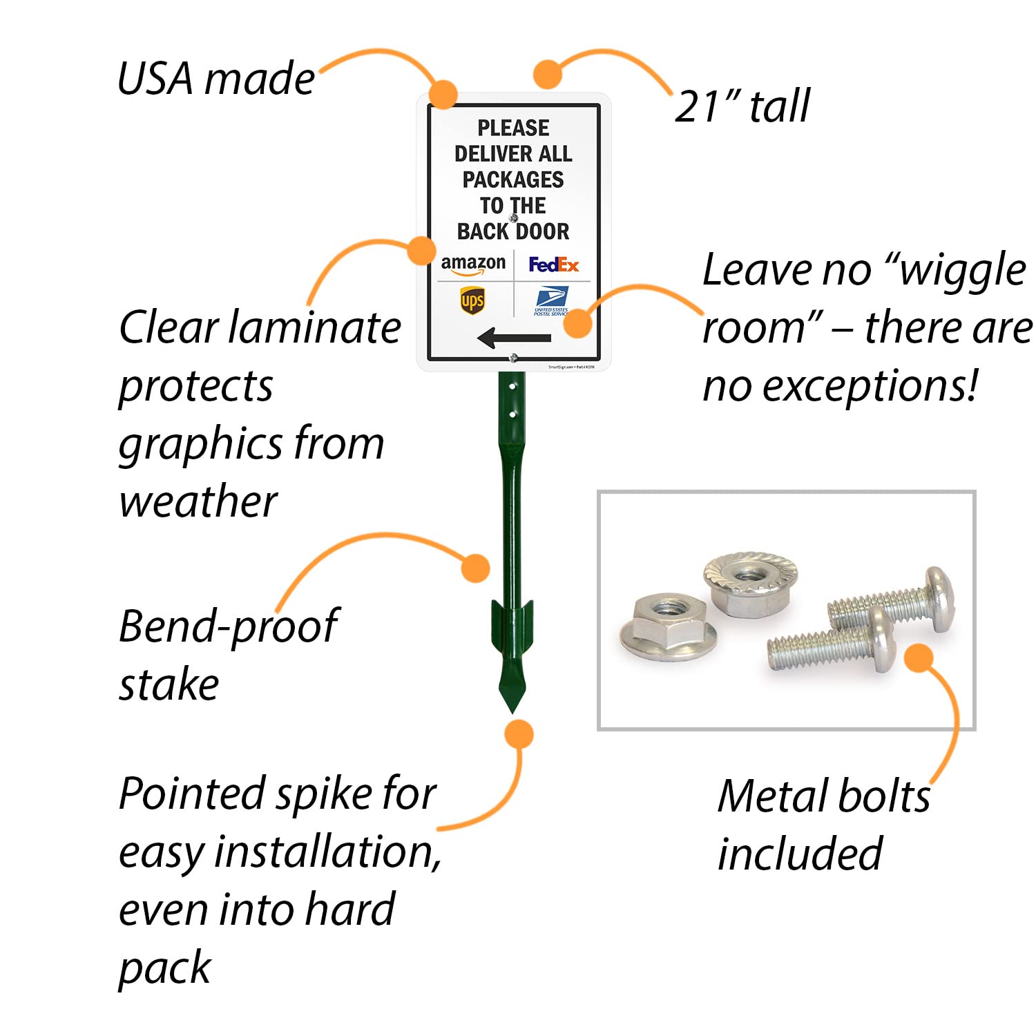 SmartSign 10 x 7 inch “Please Deliver All Packages To The Back Door” Left Arrow Yard Sign, 40 mil Laminated Rustproof Aluminum, 21.5 inch Tall Sign & Stake Kit, Multicolor, Made in USA