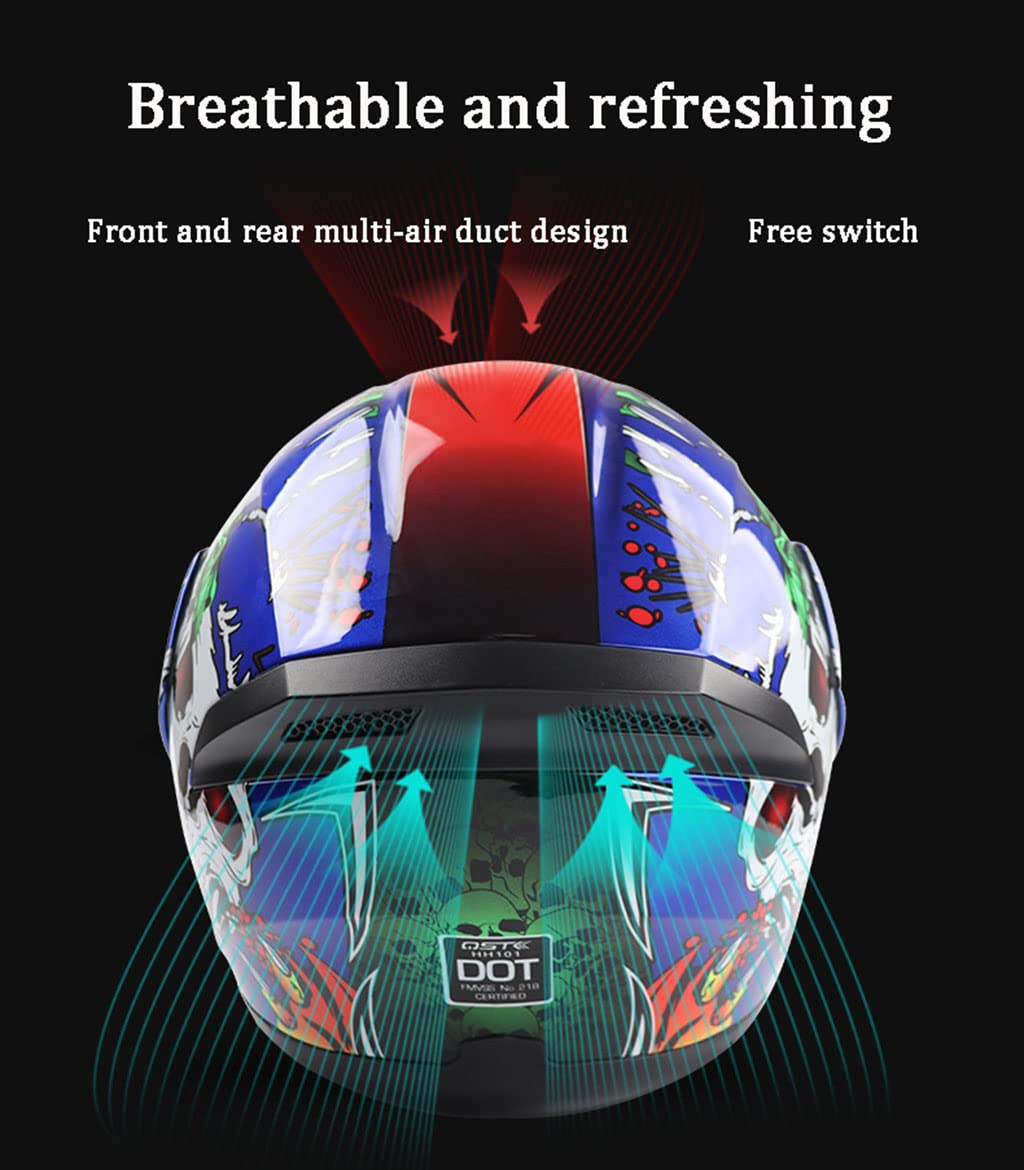 Bluetooth Motorcycle Dual Visor Helmet DOT Approved Flip Up Modular Unisex-Kids Full Face Helmet for Off-Road Motocross ATV Snowmobile Cruiser Bobber Skull Pattern Helmet-I-XX-Large