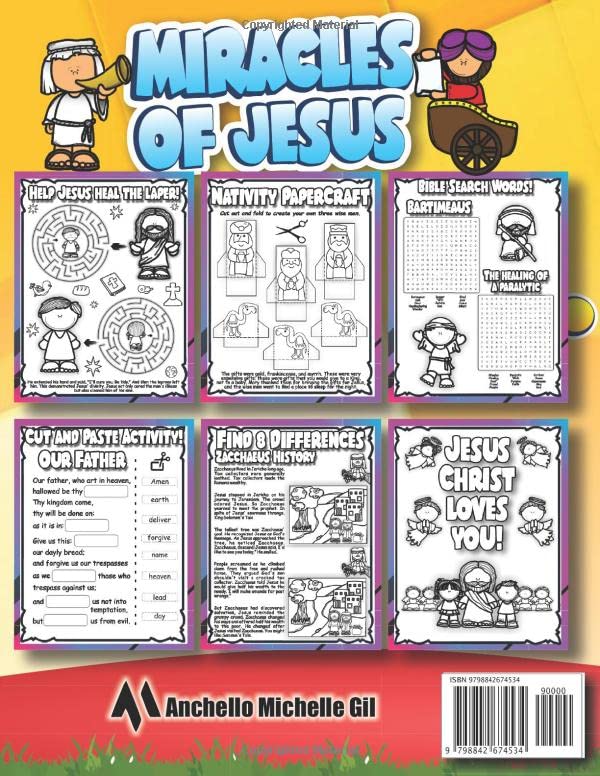 Bible Activity Book Miracles of Jesus + 200 fun tasks!: Mazes and puzzles, Search words, Paper Crafts, Find Differences, Matching Games, Connect the ... to memorize, coloring drawings, all for kids!