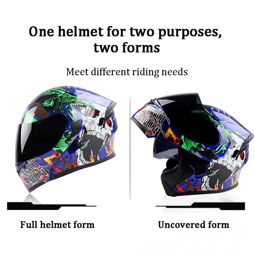 Bluetooth Motorcycle Dual Visor Helmet DOT Approved Flip Up Modular Unisex-Kids Full Face Helmet for Off-Road Motocross ATV Snowmobile Cruiser Bobber Skull Pattern Helmet-I-XX-Large