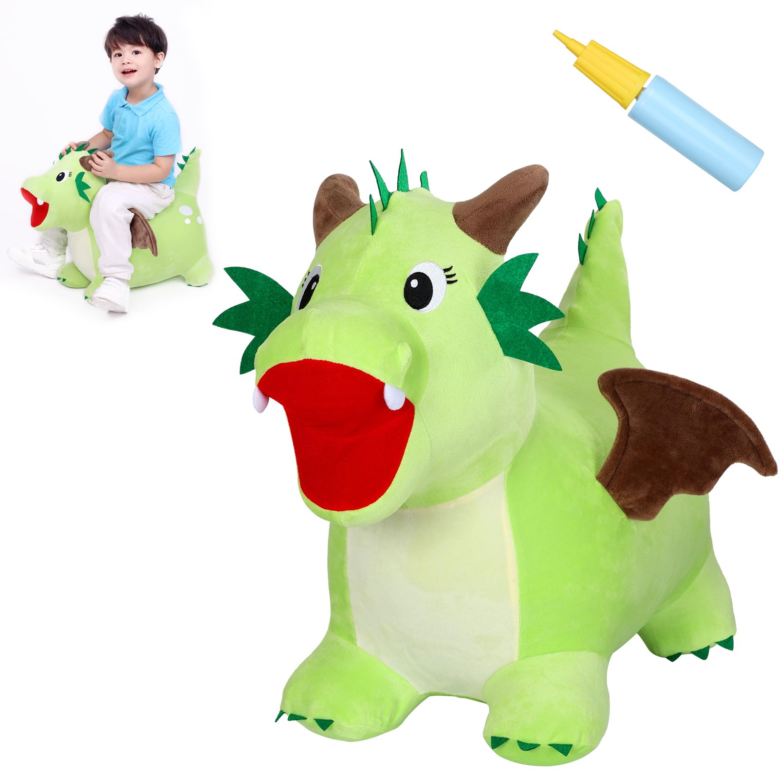 INPANY Bouncy Dinosaur Hopper Toy for Toddlers, Kids Inflatable Dragon Plush Bouncing Horse Hopper, Ride on Bounce Animal, Indoor Outdoor Birthday Gift for 2 3 4 Year Old Boy Girl