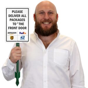 SmartSign 10 x 7 inch “Please Deliver All Packages to The Front Door” Yard Sign, 40 mil Laminated Rustproof Aluminum, 21.5 inch Tall Sign & Stake Kit, Multicolor, Made in USA