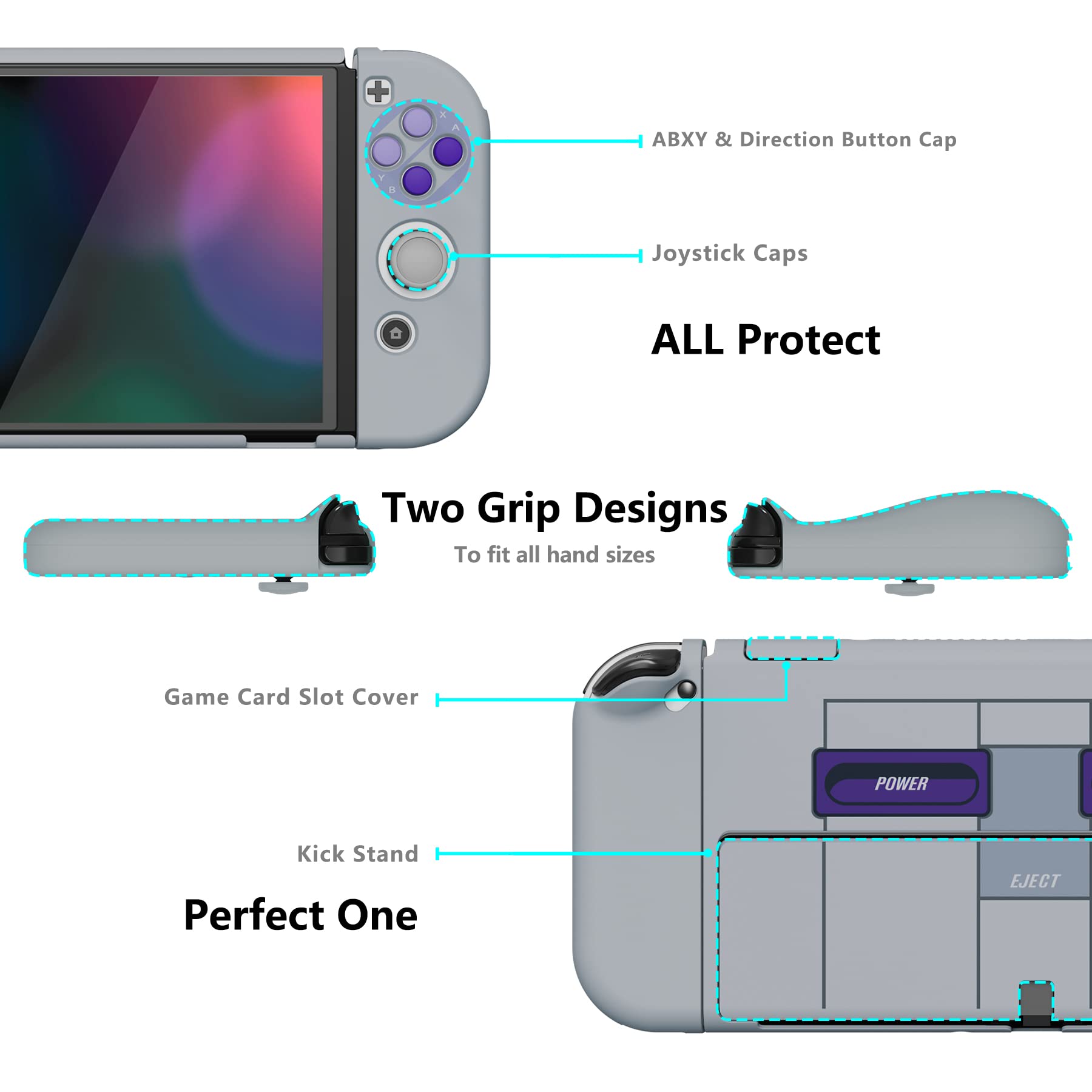 PlayVital AlterGrips Protective Slim Case for Nintendo Switch OLED, Ergonomic Grip Cover for Joycon, Dockable Hard Shell for Switch OLED w/Thumb Grip Caps & Button Caps - Classics SNES Style