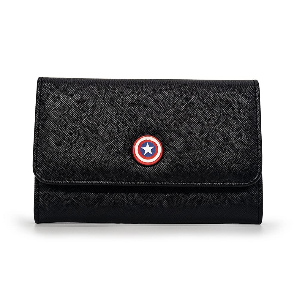 Buckle-Down Marvel Comics Wallet, Foldover, Captain America Shield Metal Emblem, Black Vegan Leather