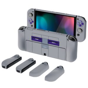 playvital altergrips protective slim case for nintendo switch oled, ergonomic grip cover for joycon, dockable hard shell for switch oled w/thumb grip caps & button caps - classics snes style