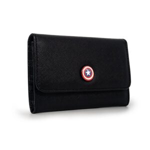 Buckle-Down Marvel Comics Wallet, Foldover, Captain America Shield Metal Emblem, Black Vegan Leather