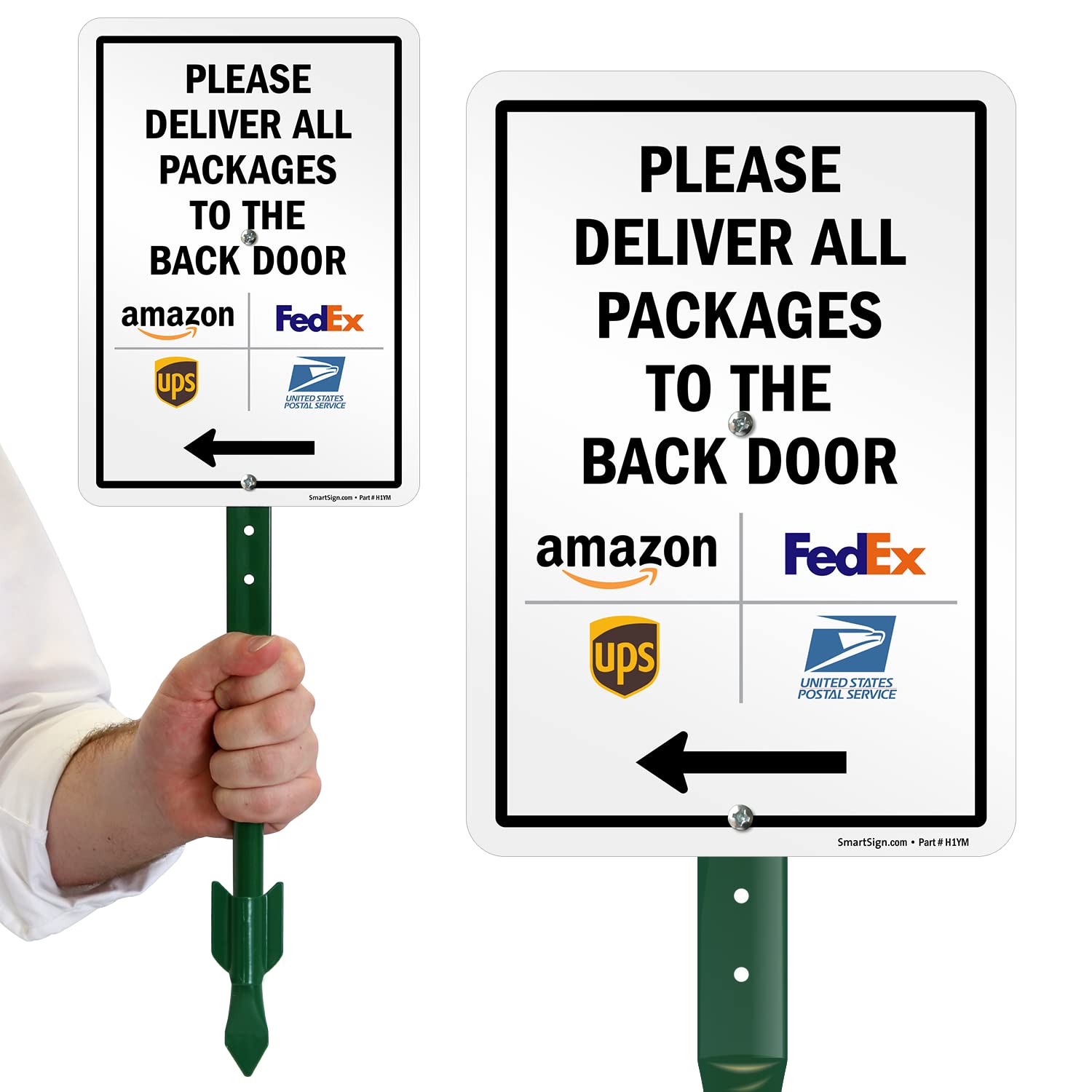 SmartSign 10 x 7 inch “Please Deliver All Packages To The Back Door” Left Arrow Yard Sign, 40 mil Laminated Rustproof Aluminum, 21.5 inch Tall Sign & Stake Kit, Multicolor, Made in USA