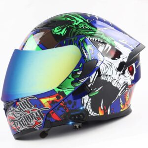 Bluetooth Motorcycle Dual Visor Helmet DOT Approved Flip Up Modular Unisex-Kids Full Face Helmet for Off-Road Motocross ATV Snowmobile Cruiser Bobber Skull Pattern Helmet-I-XX-Large