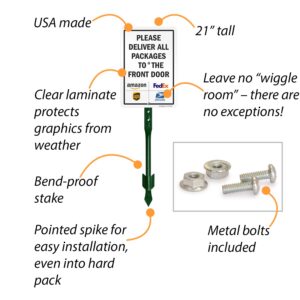 SmartSign 10 x 7 inch “Please Deliver All Packages to The Front Door” Yard Sign, 40 mil Laminated Rustproof Aluminum, 21.5 inch Tall Sign & Stake Kit, Multicolor, Made in USA