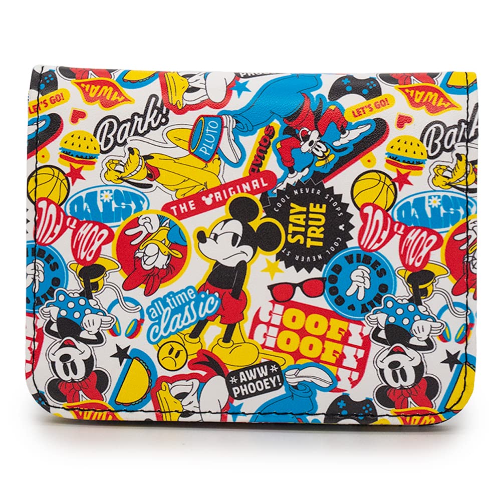 Disney Wallet, ID Fold Over Snap, Disney The Sensational Six Poses and Icons Collage, White, Vegan Leather