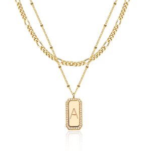 gold initial necklace for women figaro chain choker necklace layered necklaces set initial bar rectangle pendant necklaces 14k gold plated simple dainty letter a necklace everyday gold jewelry