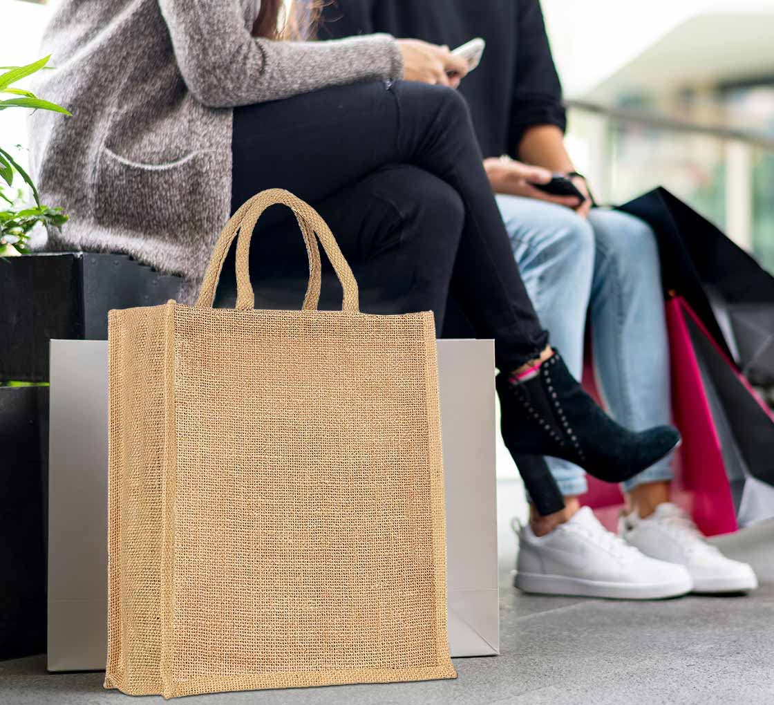 BANNER BUZZ MAKE IT VISIBLE BannerBuzz Jute Tote Bag Made of 100% Biodegradable Jute Material (16" W X 13" H X 6" B, Natural Brown Color)