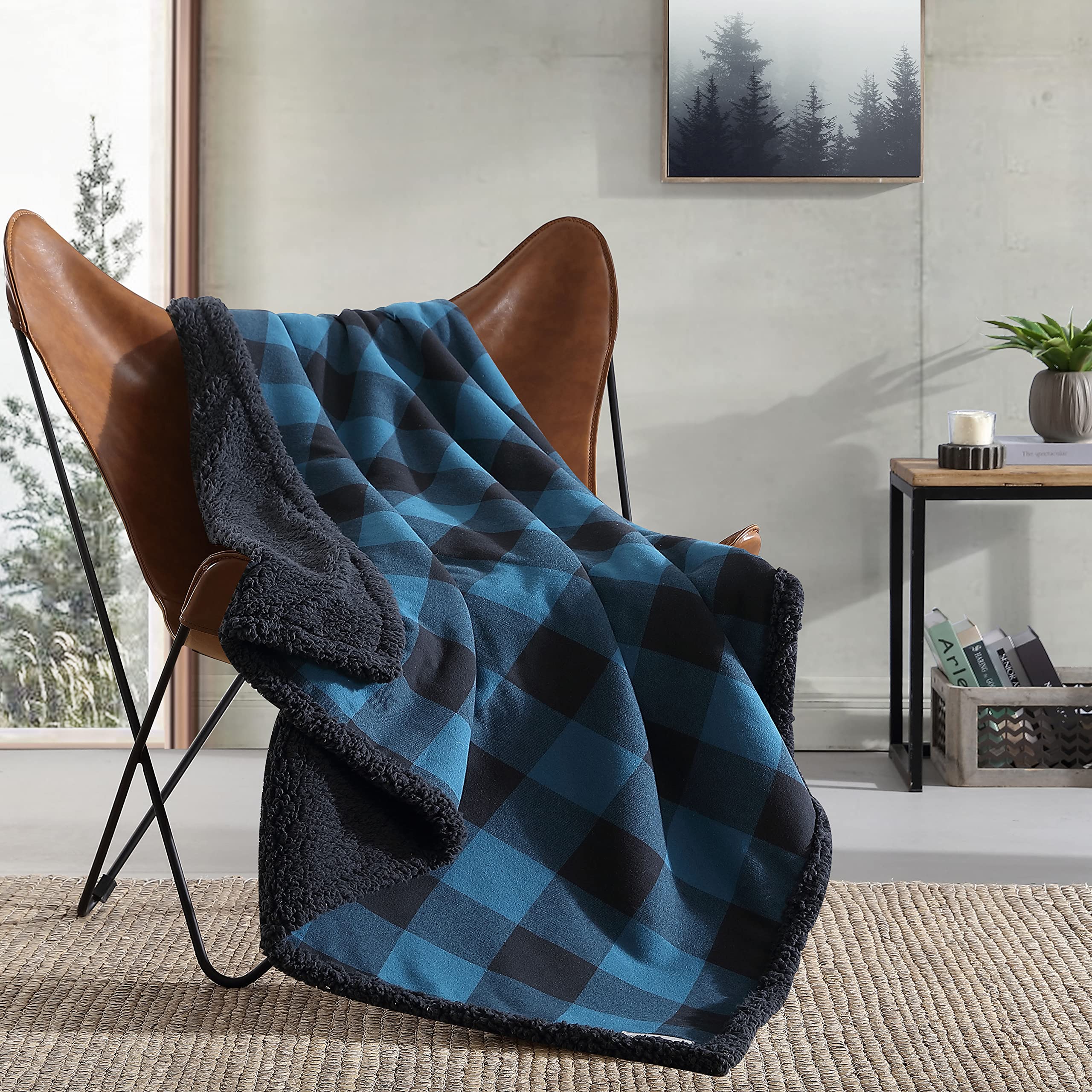 Eddie Bauer - Throw Blanket with Pillow Cover, Reversible Flannel/Sherpa Bedding Set, Buffalo Plaid Home Decor for All Seasons (Blue/Black, Throw Bundle)