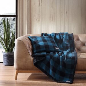 eddie bauer - throw blanket with pillow cover, reversible flannel/sherpa bedding set, buffalo plaid home decor for all seasons (blue/black, throw bundle)