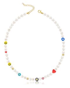 middlux pearl necklace, unisex, y2k jewelry, beaded necklace, smiley face necklace, stainless steel, 20" + 2" extender