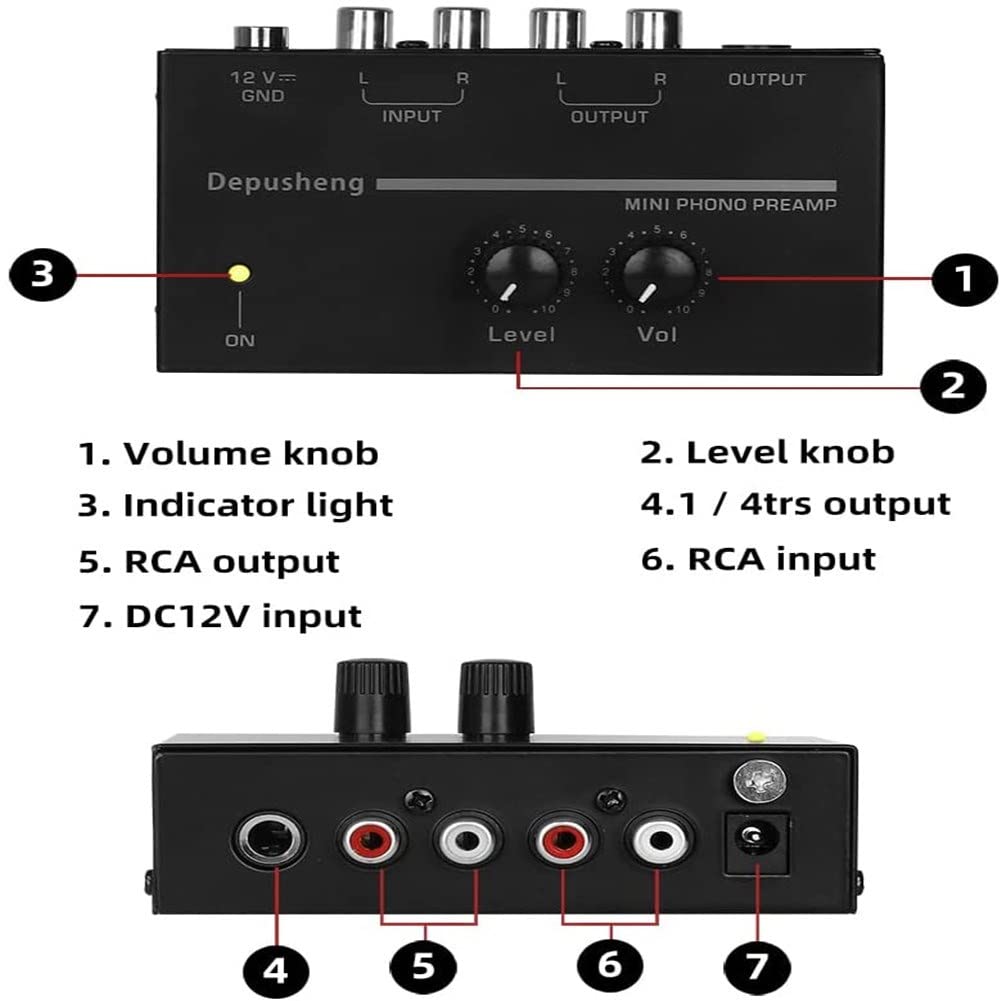 Phono Turntable Preamp-Mini Audio Stereo Phonograph，Separate DC 12V Power Adapter, RCA Input, RCA Output & Low Noise preamp,Portable, Independent Knob Control Operation -Depusheng PP500, Black