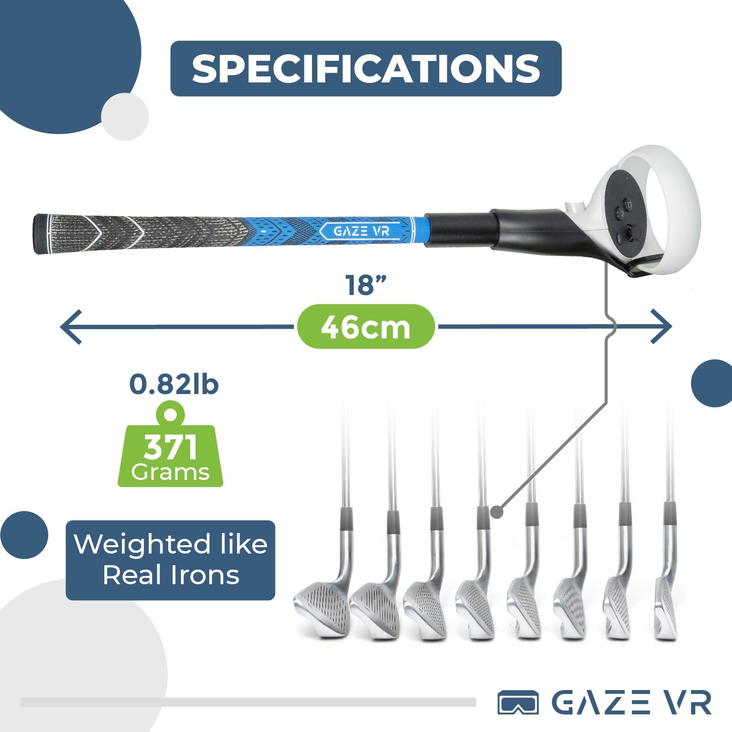 Gaze VR | VR Golf Club Handle Attachment for Oculus (Meta) Quest 2 | Pro Grip | Weighted | Right & Left Controllers | Blue