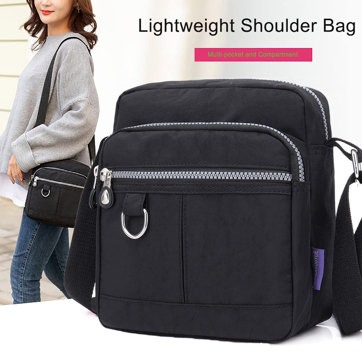 jinghuiyue Shoulder Handbags for Women Multiple Pockets Crossbody Purse Bags Waterproof Nylon Messenger Bag(Black)