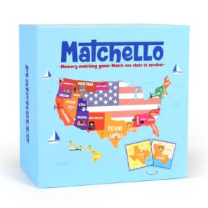 matchello memory matching game - learn geography for kids – 50 states matching game – educational and fun state cards for kids and grownups – colorful cards – ages 7 and up