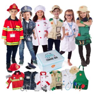 born toys dress up clothes for toddlers & pretend play kids costumes set ages 3-7, washable halloween costume for girls and boys for play with storage box