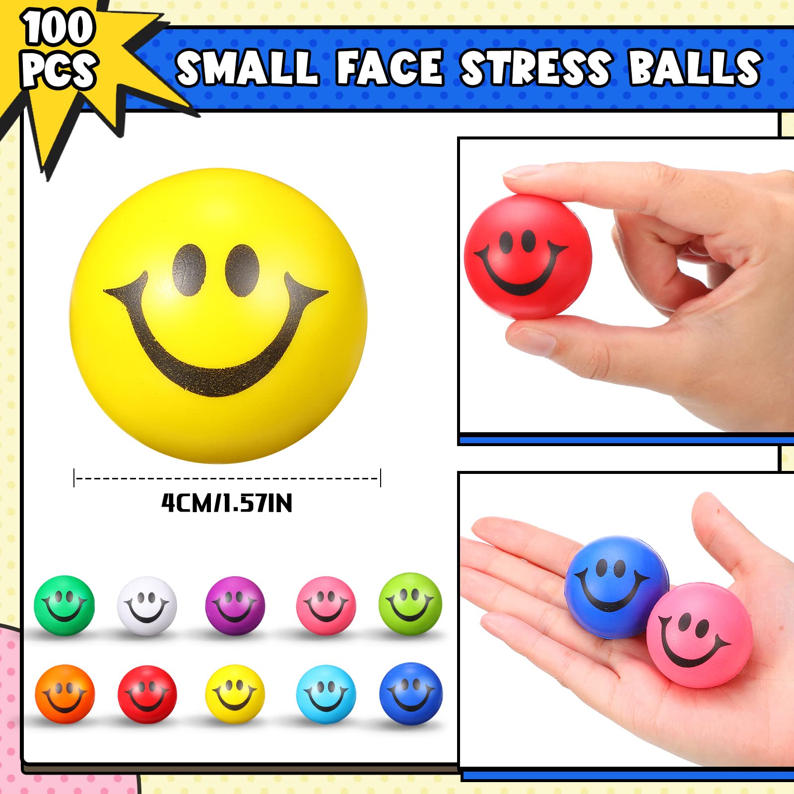 100 Pcs Mini Smile Face Stress Balls 1.57 Inch Colored Stress Balls in Bulk Soft Foam Funny Face Ball Small Stress Relief Balls for Teens Adults Finger Exercise School Carnival Reward Party Bag Gift