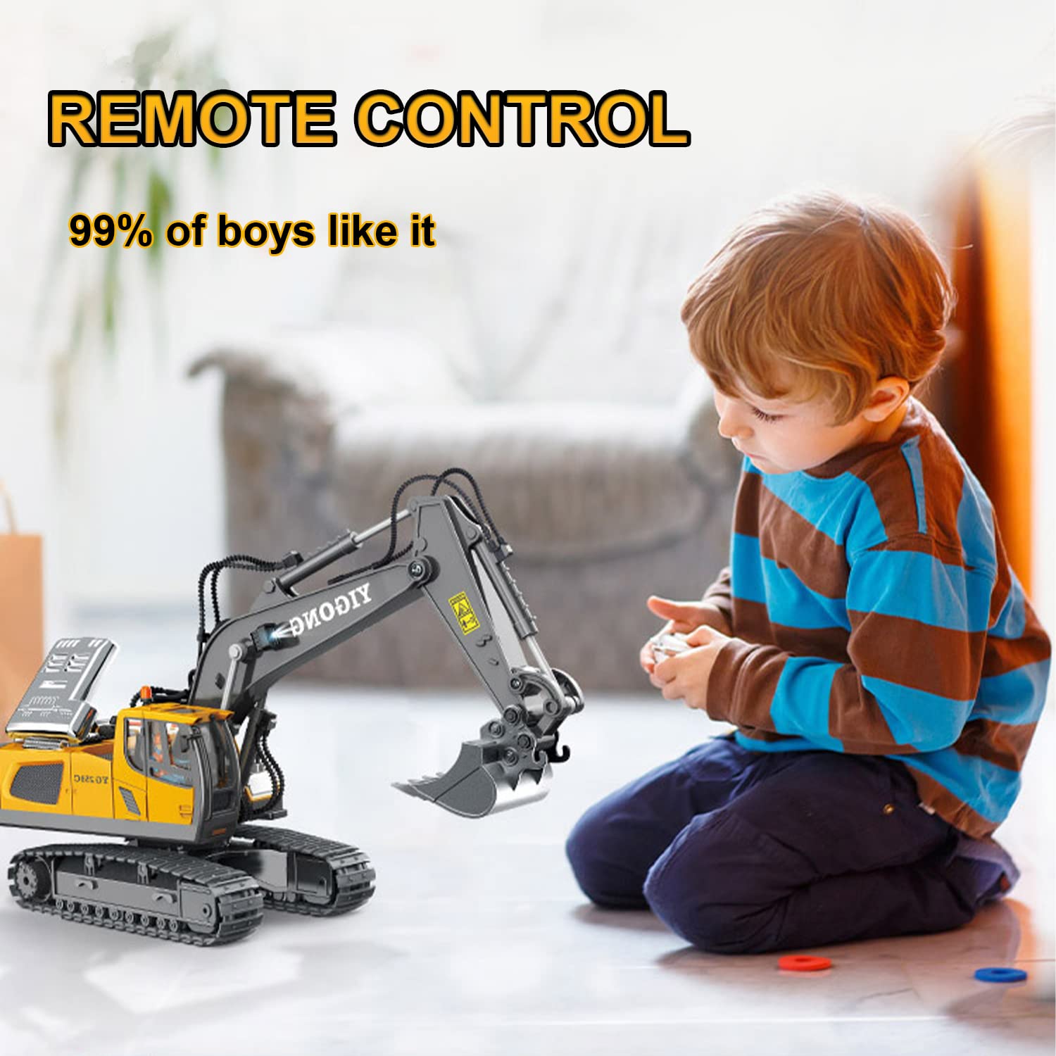 Mscredse Remote Control Excavator 11 Channel RC Excavator Truck Toys 1/20 Scale 2.4Ghz Construction Vehicles with Metal Shovel 680° Rotation for Kids Boys Age 4-7 8 9 10 Year Old (Yellow)