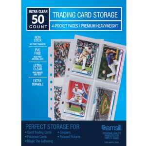 Samsill 50 Pack 4 Pocket Trading Card Sleeves, Holds 400 Cards,Clear, Fits in Standard 3 Ring Mini Binder