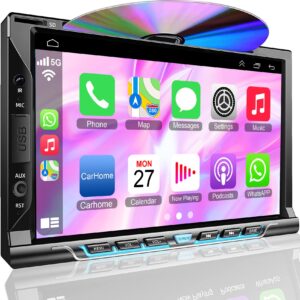 double din car stereo with cd/dvd player, apple carplay/android auto 7” double din radio with backup camera, mirror link, bluetooth, am fm radio receiver, swc, subwoofer, usb/tf/aux…