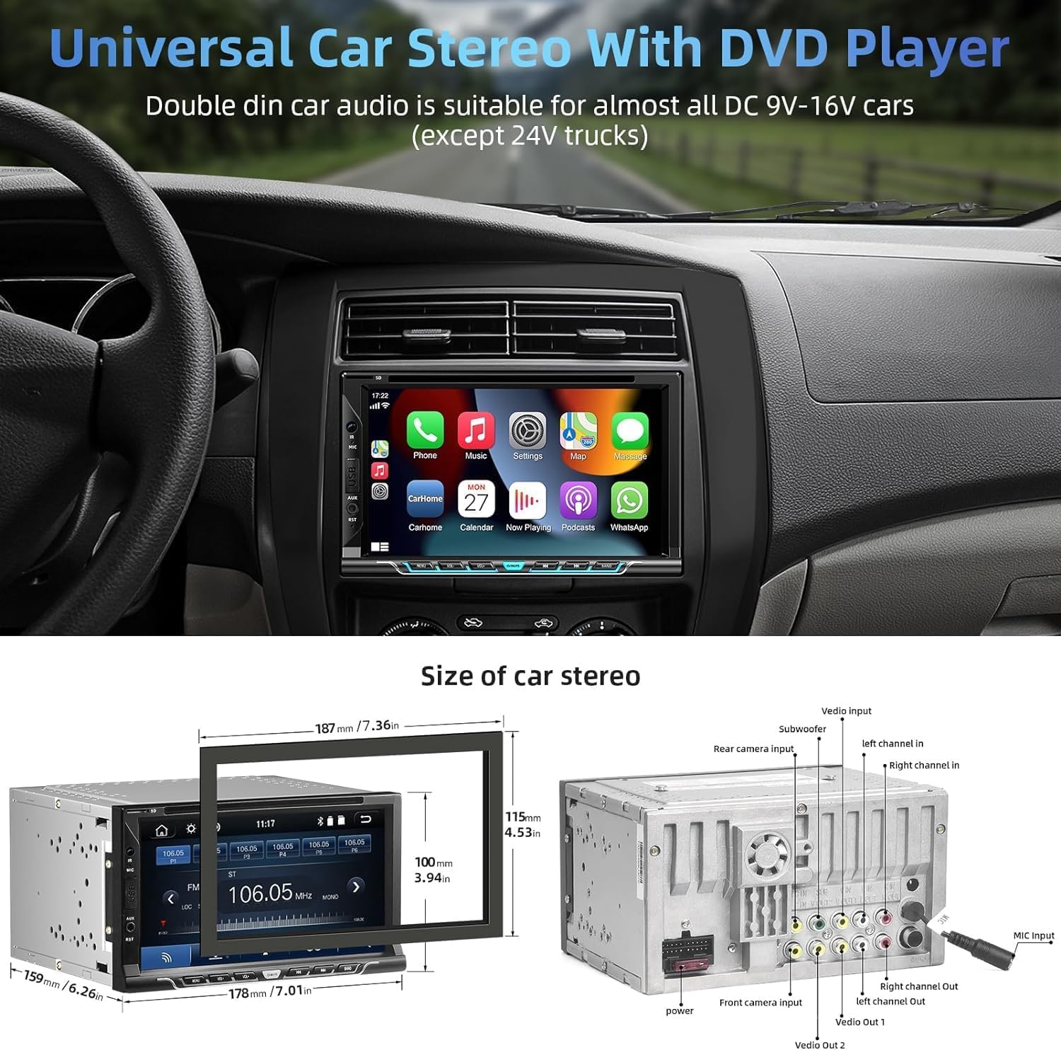 Double Din Car Stereo with CD/DVD Player, Apple CarPlay/Android Auto 7” Double din Radio with Backup Camera, Mirror Link, Bluetooth, AM FM Radio Receiver, SWC, Subwoofer, USB/TF/AUX…