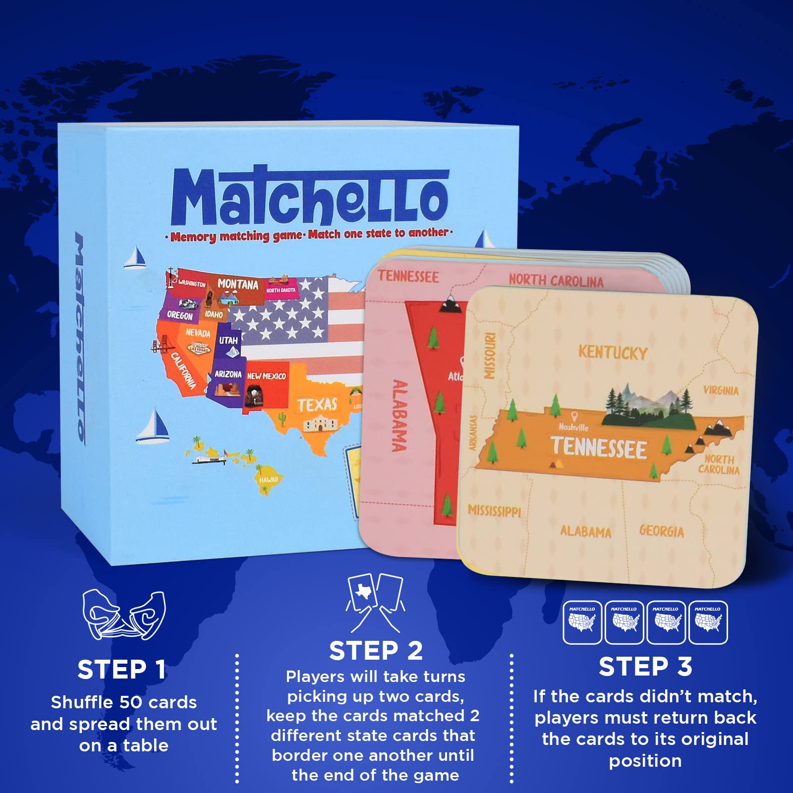 Matchello Memory Matching Game - Learn Geography for Kids – 50 States Matching Game – Educational and Fun State Cards for Kids and Grownups – Colorful Cards – Ages 7 and Up