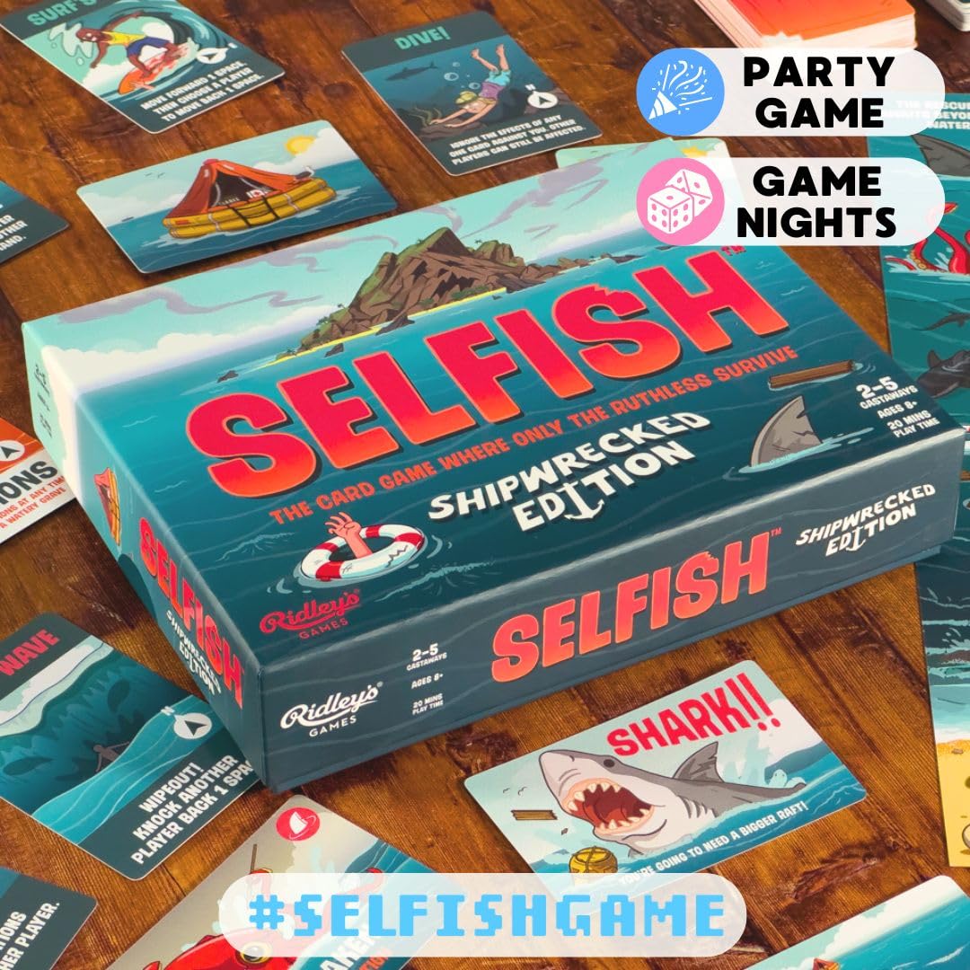 Ridley's Games: Selfish- Shipwrecked Edition Card Game | Easy to Play Party Game for Groups | Ideal for 2-5 Players | Makes a Great Gift Idea | Watch Out for That Shark - Only The Ruthless Survive!