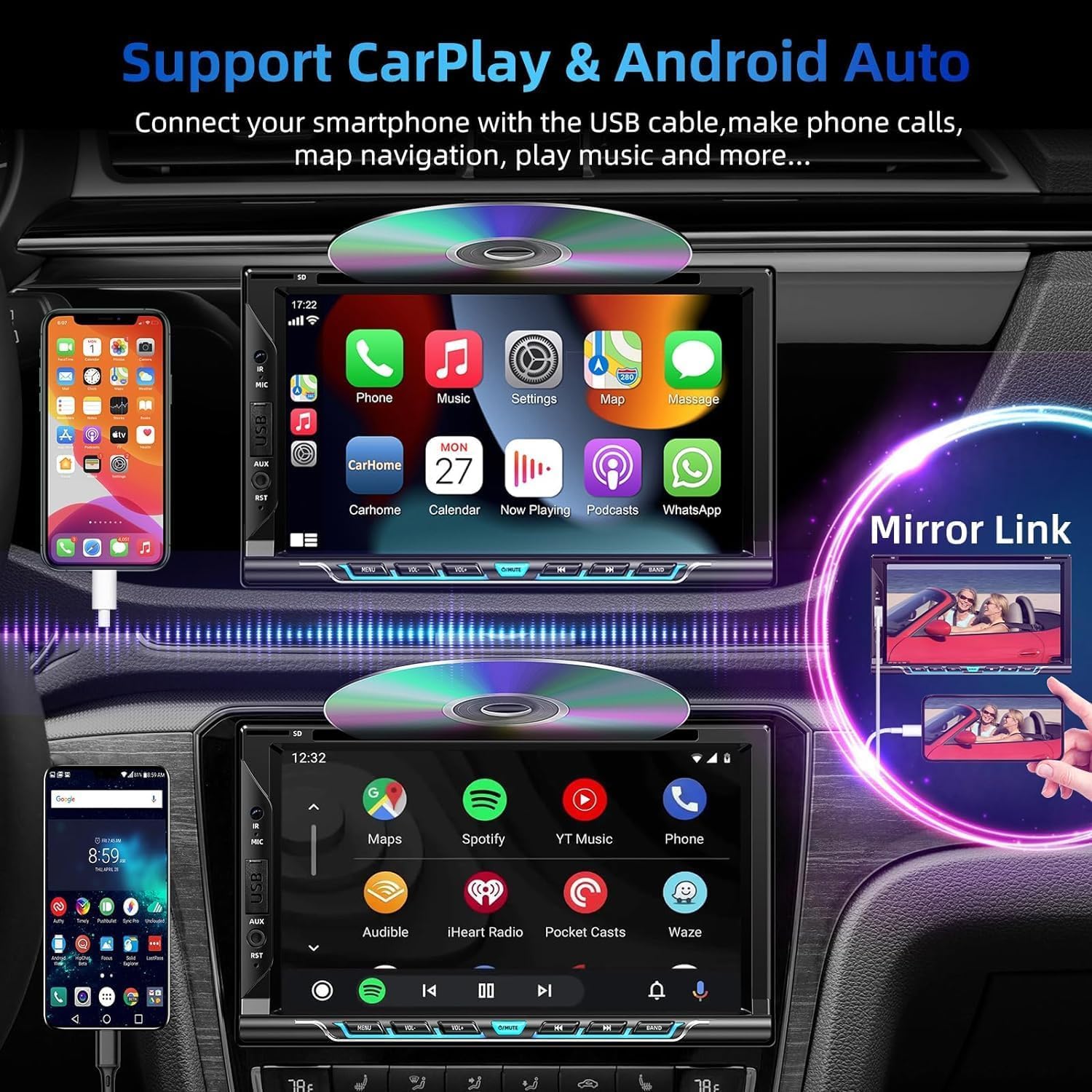 Double Din Car Stereo with CD/DVD Player, Apple CarPlay/Android Auto 7” Double din Radio with Backup Camera, Mirror Link, Bluetooth, AM FM Radio Receiver, SWC, Subwoofer, USB/TF/AUX…