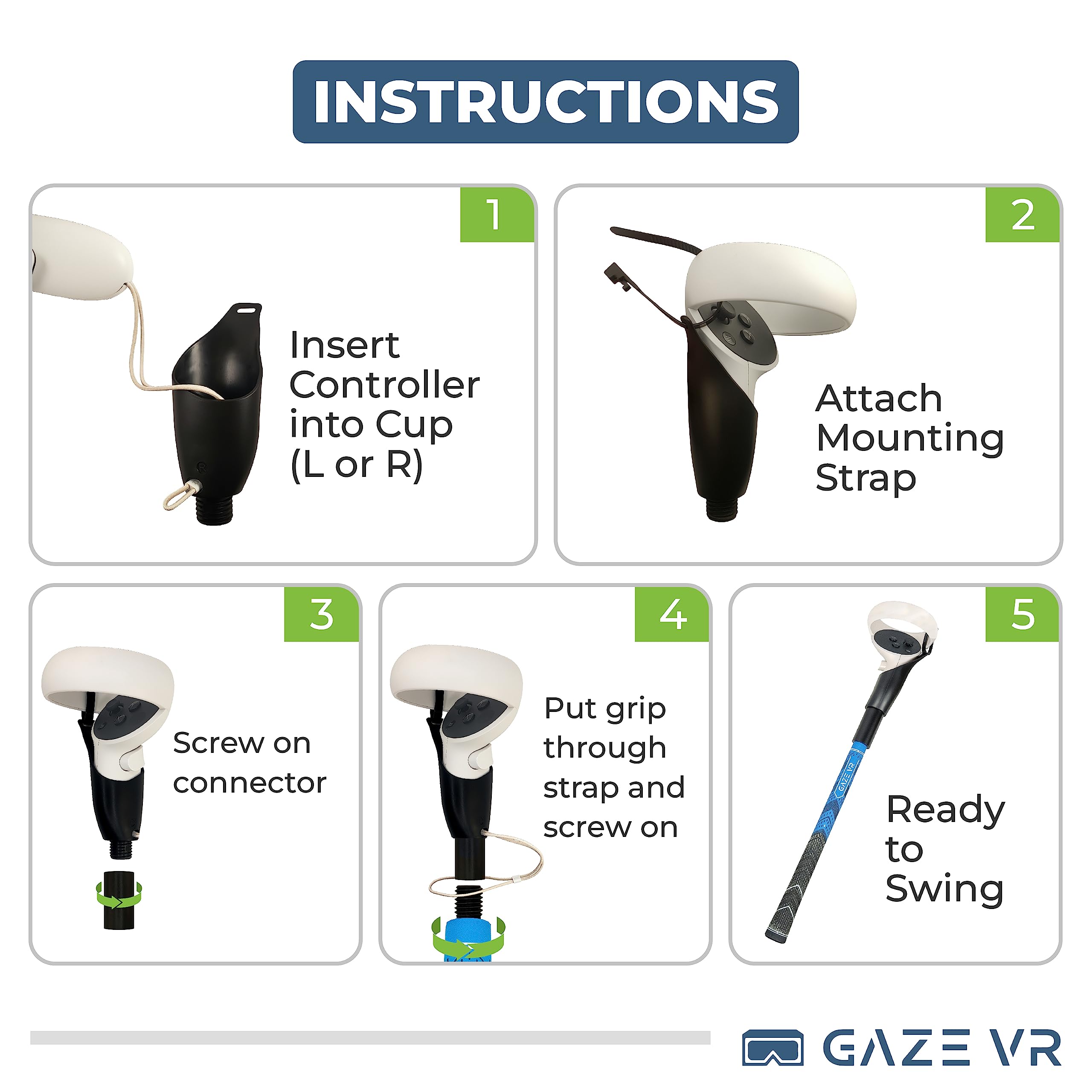 Gaze VR | VR Golf Club Handle Attachment for Oculus (Meta) Quest 2 | Pro Grip | Weighted | Right & Left Controllers | Blue