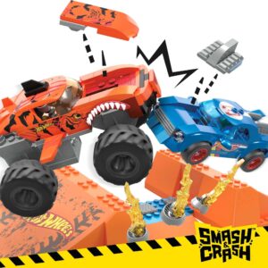 MEGA Hot Wheels Monster Trucks Toy Building Set, Smash & Crash Tiger Shark Chomp Course with 245 Pieces, 2 Micro Figure Drivers, Orange, Age 5+ Years