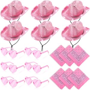 6 pack light cowboy hat space cowgirl hat led flashing hat with 6 heart glasses 6 paisley bandanna western cowboy costume (pink)