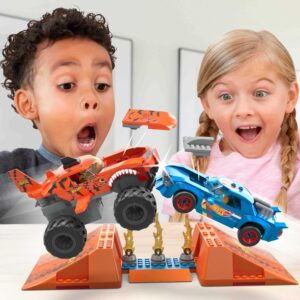 MEGA Hot Wheels Monster Trucks Toy Building Set, Smash & Crash Tiger Shark Chomp Course with 245 Pieces, 2 Micro Figure Drivers, Orange, Age 5+ Years