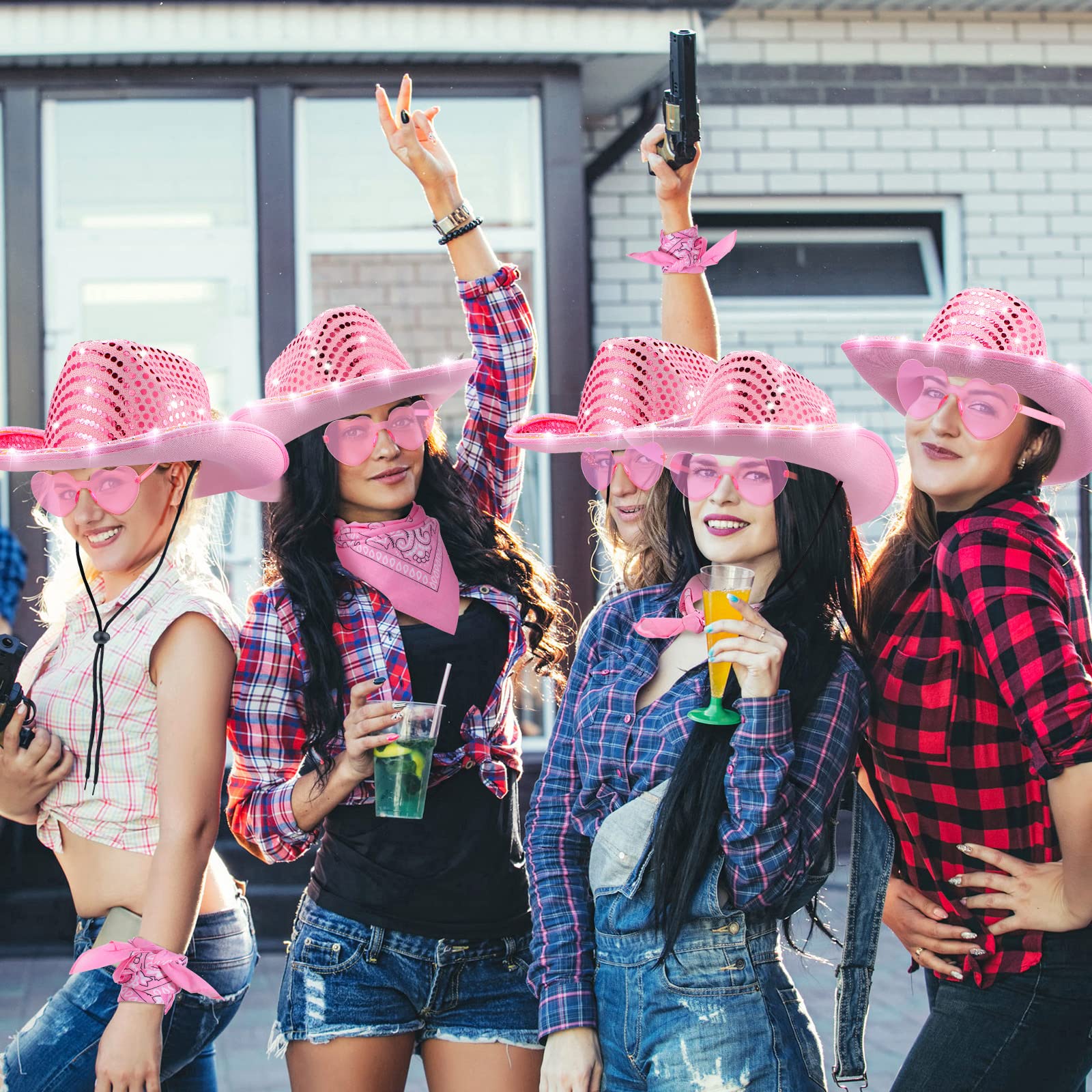 6 Pack Light Cowboy Hat Space Cowgirl Hat Led Flashing Hat with 6 Heart Glasses 6 Paisley Bandanna Western Cowboy Costume (Pink)