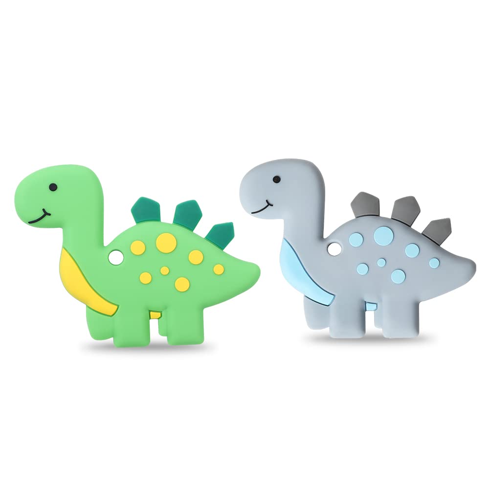 AmazingM Green and Gray Dinosaur Sensory Chew Teether,2 Pack Food Grade Silicone Safety Chewy Teething Toys for Kids Toddlers with Autism, ADHD,Oral Motor,Teething,Biting Needs