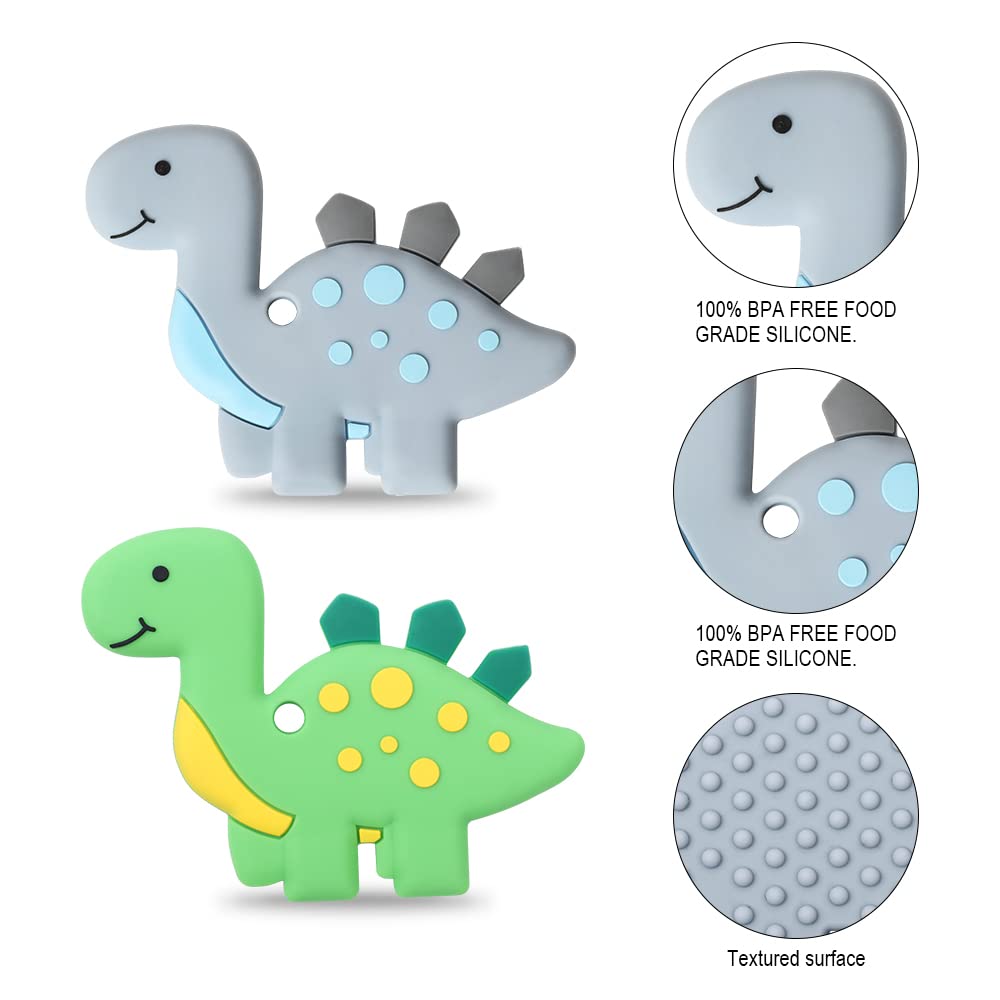 AmazingM Green and Gray Dinosaur Sensory Chew Teether,2 Pack Food Grade Silicone Safety Chewy Teething Toys for Kids Toddlers with Autism, ADHD,Oral Motor,Teething,Biting Needs