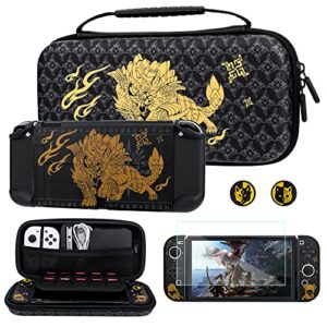 fundiary carrying case for nintendo switch oled with monster hunter theme design, accessories bundle portable bag for switch oled with protective case, screen protector and 2 thumb grips