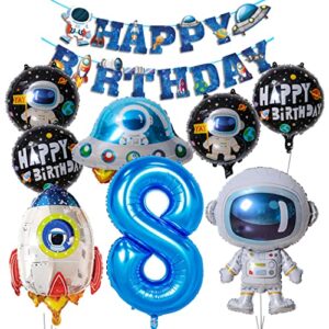 Borsgye Solar System Planet Astronaut Balloons Rocket Foil Balloons Big Mylar Number Helium Global Happy Birthday Garland Banner for Boy Kids Space Themed 8th Year Birthday Party Decorations