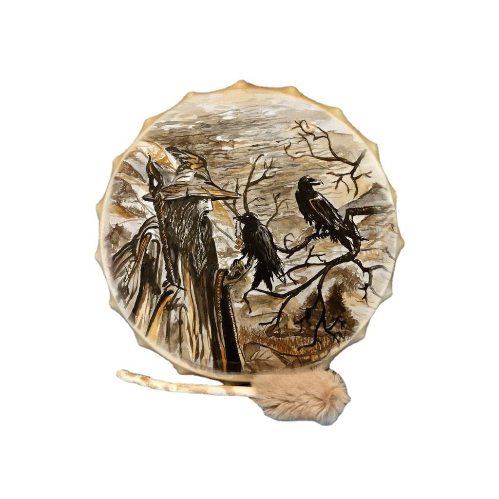 Drincoshow Shaman Drum Old Man and Crow Decorative Drum Festival Percussion Drum (A)