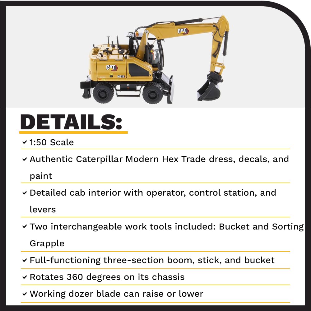 Diecast Masters 1:50 Scale Caterpillar M318 Wheeled Excavator | High Line Series Cat Trucks & Construction Equipment | 1:50 Scale Model Diecast Collectible Model 85956