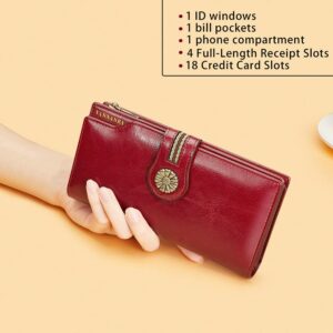 VANNANBA Large Capacity Clutch Wallet For Women RFID Blocking Waxed Genuine Leather Zipper Wallet Ladies Card holder (red)