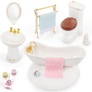 samcami ceramic dollhouse furniture 1 12 scale - doll house furniture toys for dollhouse bathroom - miniature furniture incl toilet, bathtub, washbasin, fluffy carpet and other dollhouse accessories