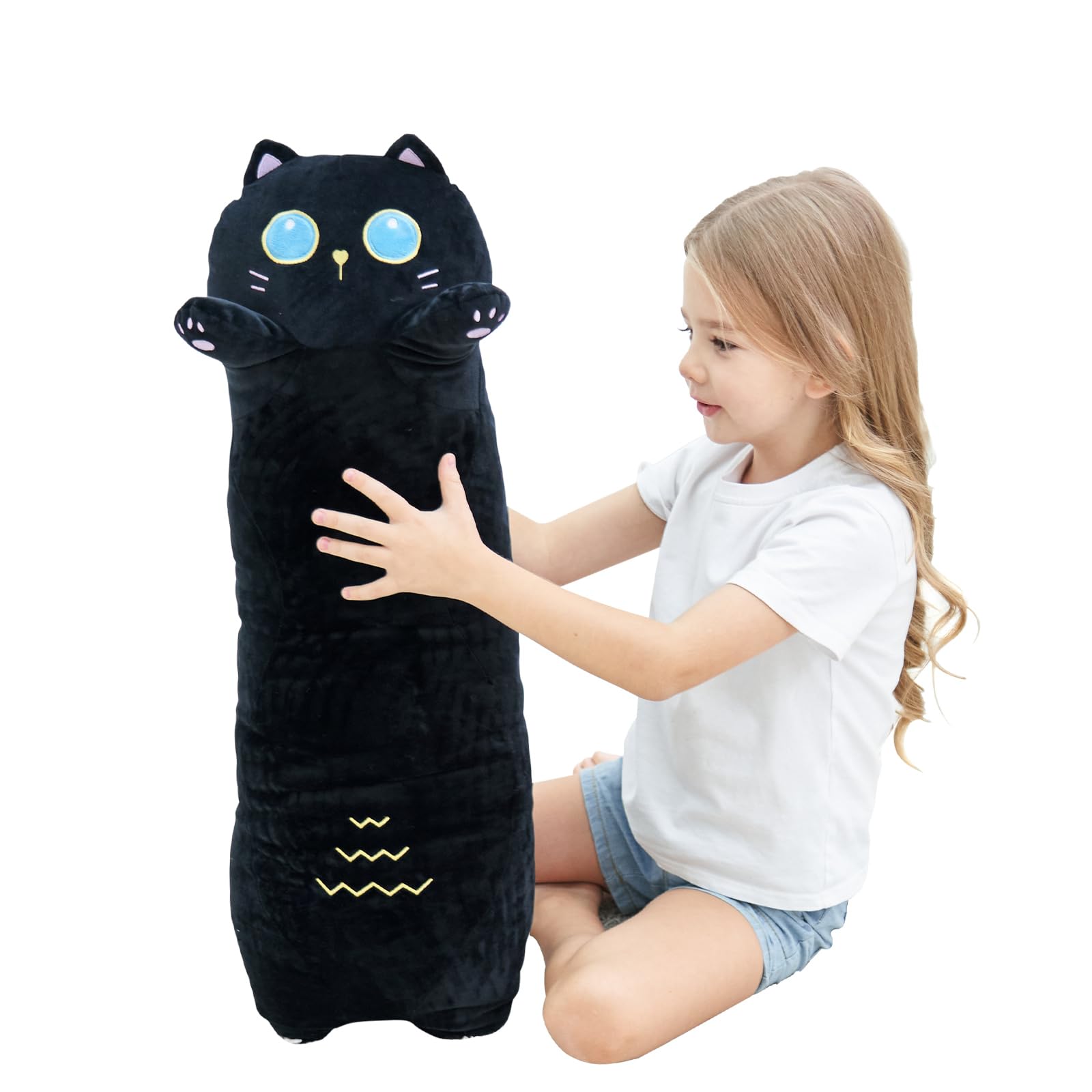 FFxiong 36" Black Long Cat Stuffed Animal Plush Toy Soft Body Pillow, Cute Cat Throw Pillow, Plushies Doll Gift for Girlfriend Kids Girls Boys Birthday Valentines Christmas