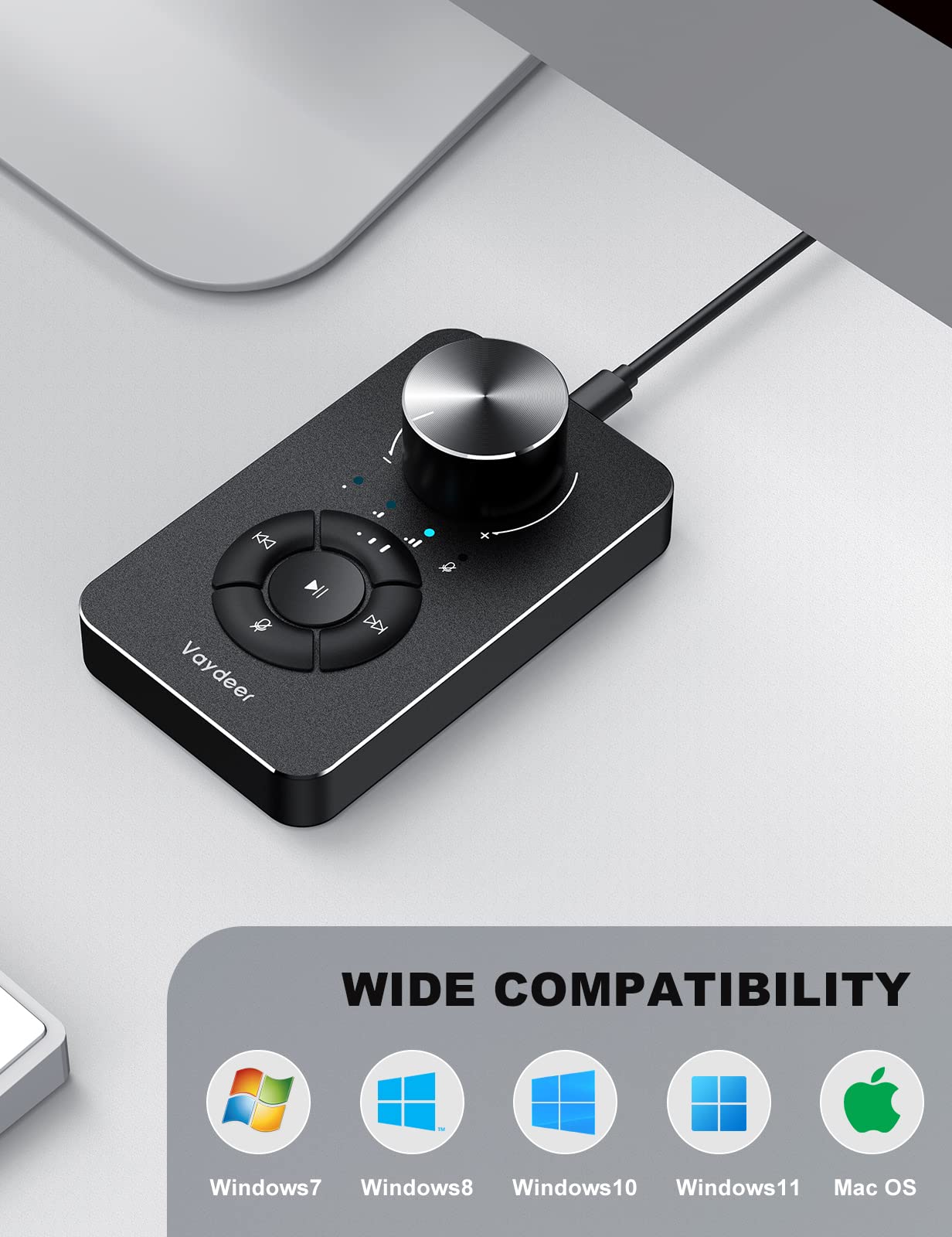 Vaydeer Multimedia Controller Knob with Mic-Mute Function and Safe Volume Range Setting, USB C Port Audio Adjuster Volume Controller Compatible with Win 7/8/10/11 and Mac OS.